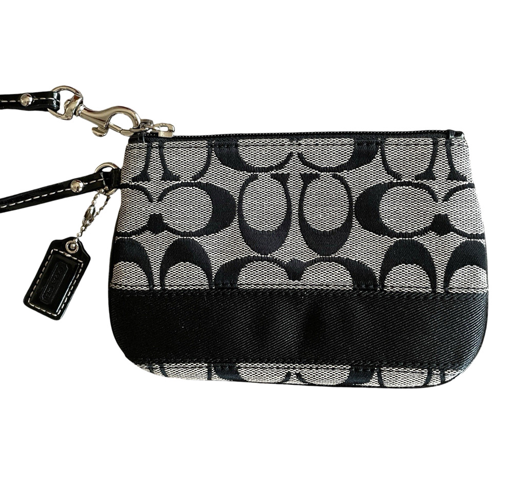 COACH Black Gray Signature Jacquard Stripe Leather Trim Wristlet Top Zip Bag Tag
